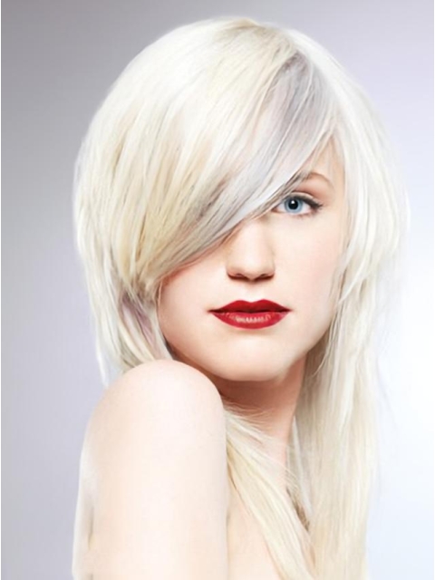 16'' Young Fashion Platinum Blonde Long Straight With Side Bangs Shoulder Length Lace Front Remy Human Hair Women Wigs