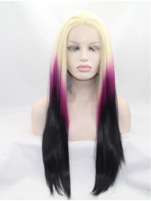 26" Straight Ombre/2 Tone Without Bangs Synthetic Lace Front Long Wigs