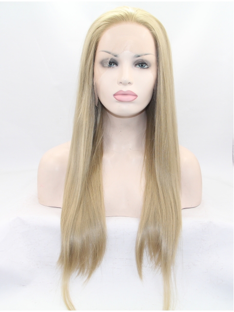 24" Long Straight Lace Front Blonde Without Bangs Synthetic Women Wigs