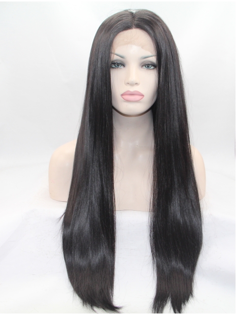 27" Long Straight Black Lace Front Layered Synthetic  Women Wigs