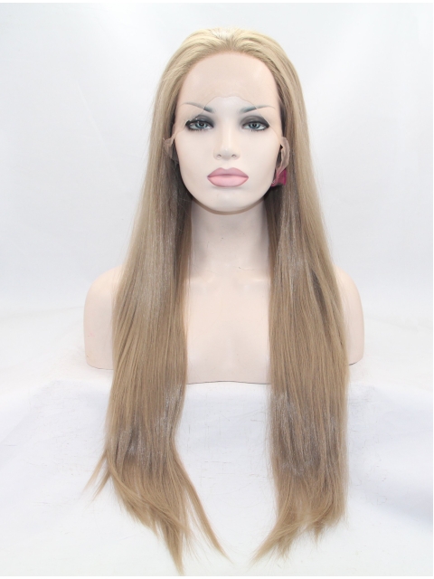 28" Long Straight Brown Layered Synthetic Lace Front Women Wigs