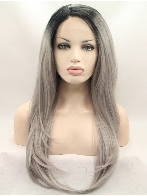 19" Straight Layered  Lace Front   Synthetic Long Grey Women Wigs