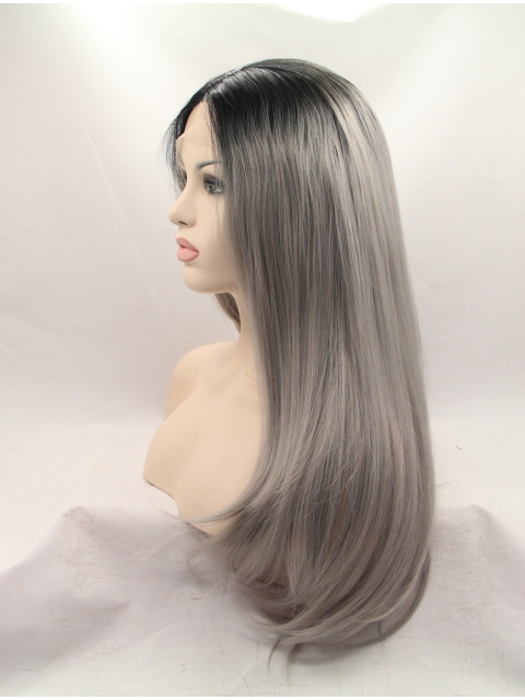 19" Straight Layered  Lace Front   Synthetic Long Grey Women Wigs