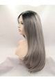 19" Straight Layered  Lace Front   Synthetic Long Grey Women Wigs