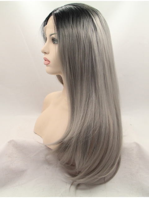 19" Straight Layered  Lace Front   Synthetic Long Grey Women Wigs