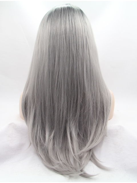 19" Straight Layered  Lace Front   Synthetic Long Grey Women Wigs