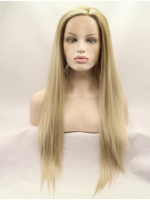 26'' Long Straight Without Bangs Blonde  Lace Front Synthetic Women Wigs