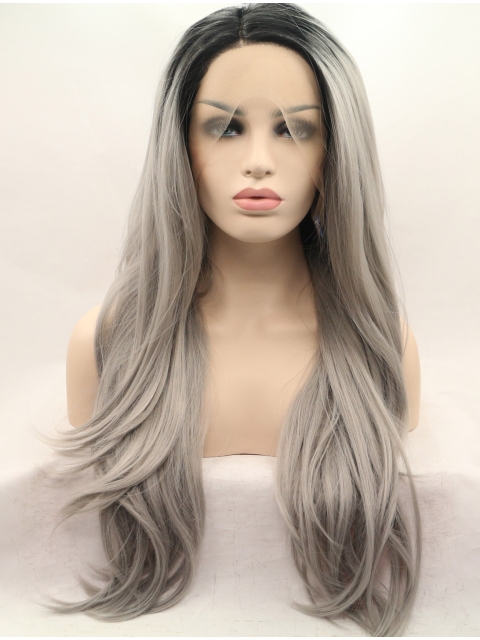 27'' Long Straight  Lace Front Layered Synthetic Grey Women Wigs