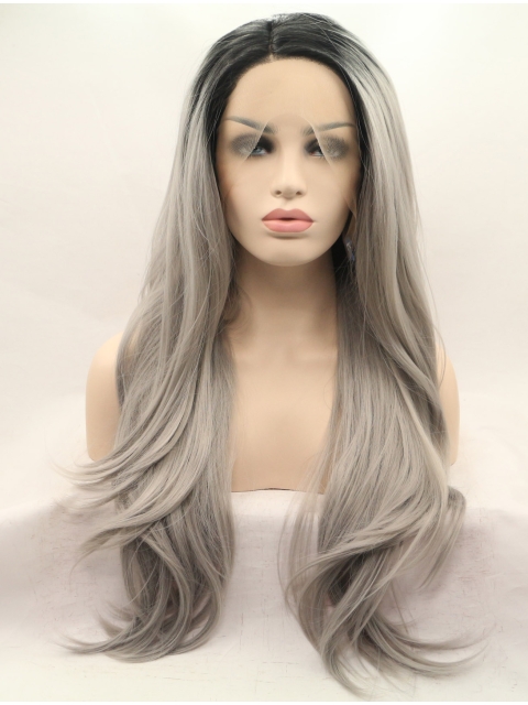 27'' Long Straight  Lace Front Layered Synthetic Grey Women Wigs