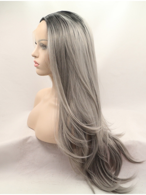 27'' Long Straight  Lace Front Layered Synthetic Grey Women Wigs