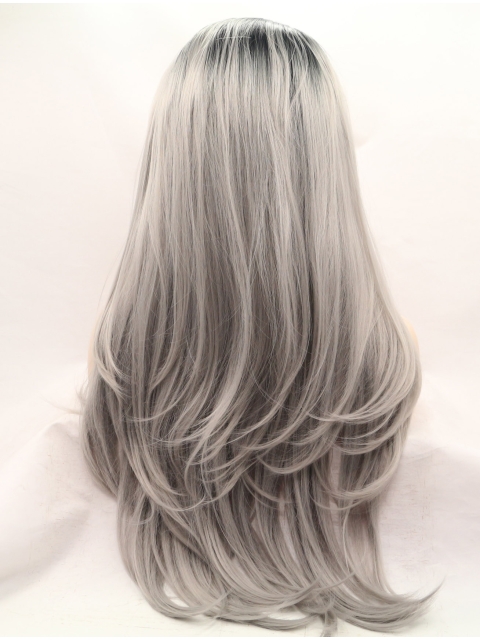 27'' Long Straight  Lace Front Layered Synthetic Grey Women Wigs