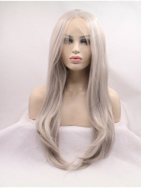 21'' Long Straight  Without Bangs Lace Front  Synthetic  Grey Women Wigs