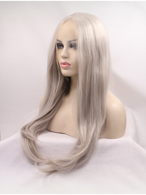 21'' Long Straight  Without Bangs Lace Front  Synthetic  Grey Women Wigs