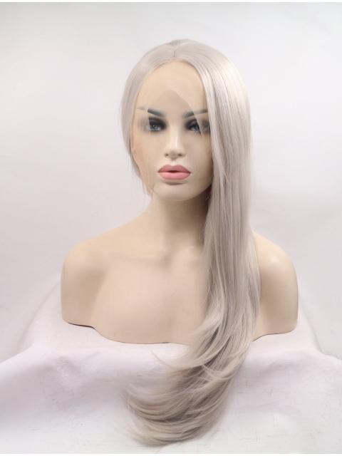 21'' Long Straight  Without Bangs Lace Front  Synthetic  Grey Women Wigs