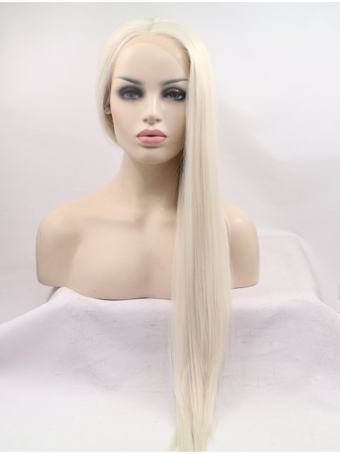 24'' Long Straight Without Bangs Synthetic  Grey Women Wigs