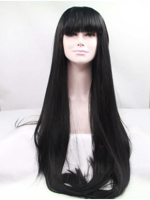 42'' Long Straight Lace Front With Bangs Black  Synthetic Women Wigs