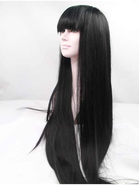 42'' Long Straight Lace Front With Bangs Black  Synthetic Women Wigs