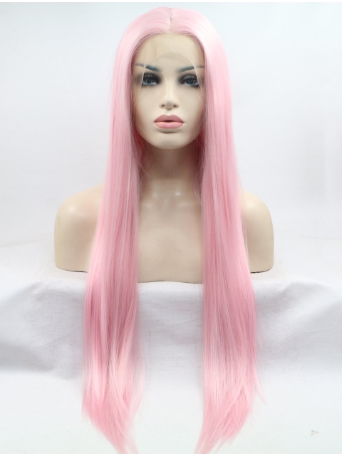 30'' Long Straight Without Bangs  Lace Front  Pink  Synthetic Women Wigs