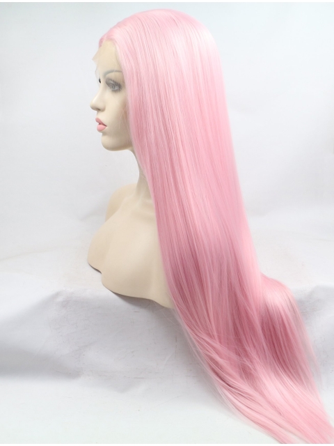 30'' Long Straight Without Bangs  Lace Front  Pink  Synthetic Women Wigs