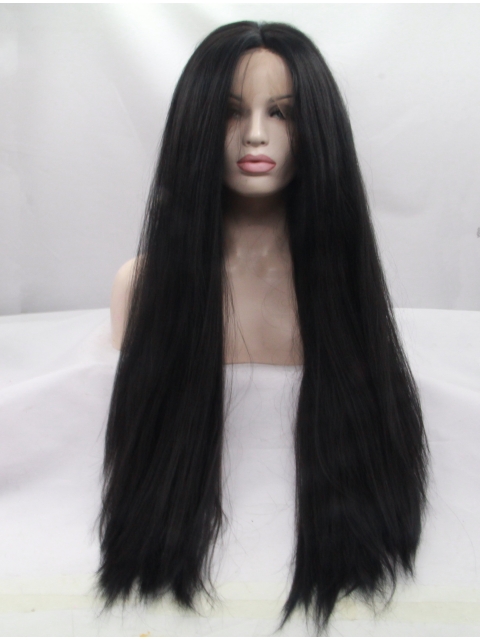 30'' Long Straight Without Bangs Lace Front  Black  Synthetic Women Wigs