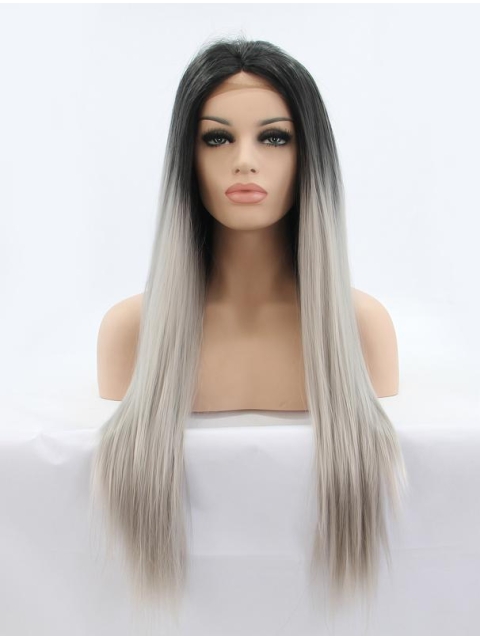 26" Straight Without Bangs  Lace Front  Synthetic Ombre/2 Tone Women Wigs