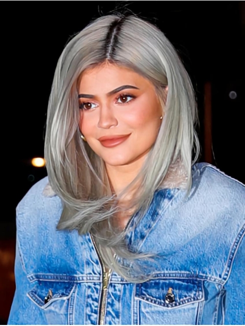 16''Long Straight Platinum Blonde  Capless  Synthetic Women Kylie Jenner Wigs