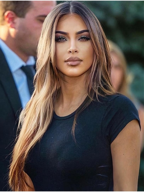 26''  Long Straight Without Bangs Lace Front Blonde  Synthetic Women Kim Kardashian Wigs