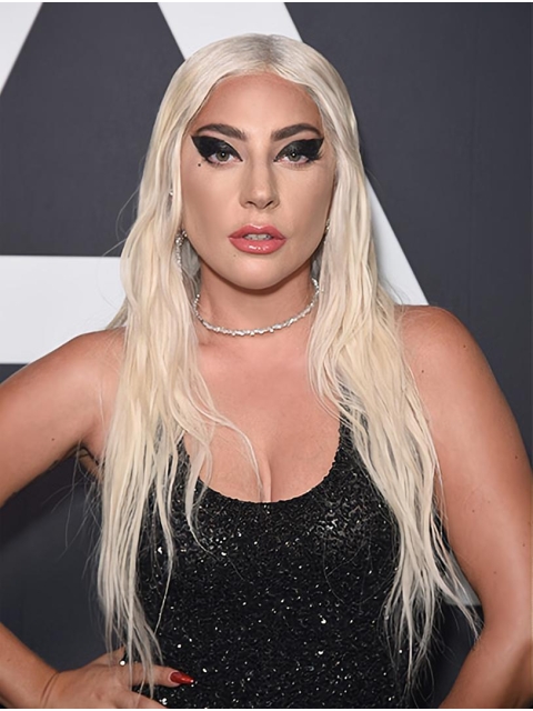 24'' Straight Without Bangs Platinum Blonde Lace Front Long Synthetic Lady Gaga Wigs