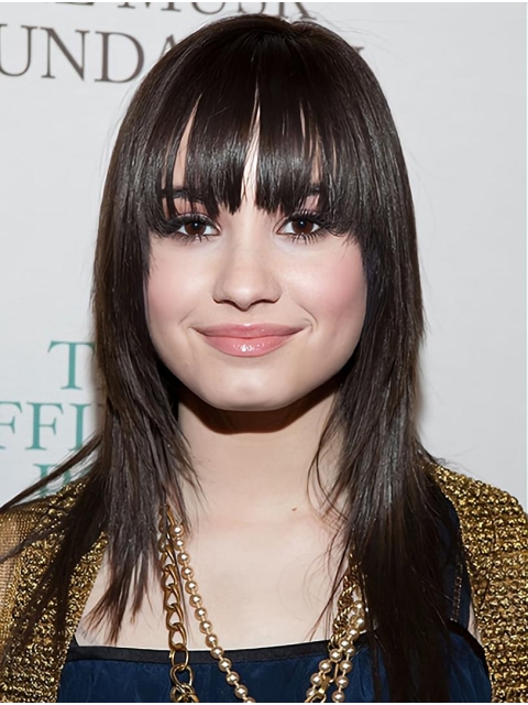 16" Capless Long Brown With Bangs Demi Lovato Wigs