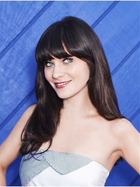 18" Long Straight With Bangs Full Lace  Black Synthetic  Women Zooey Deschanel Wigs