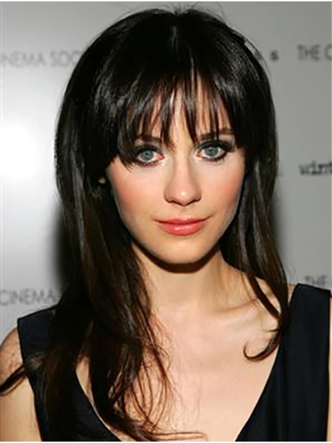 18"  Long Straight With Bangs Lace Front Black Remy Human Hair Women Zooey Deschanel Wigs