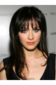 18"  Long Straight With Bangs Lace Front Black Remy Human Hair Women Zooey Deschanel Wigs