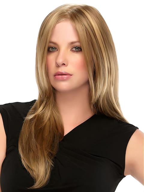 Blonde Long Straight Without Bangs 100% Hand-tied Mono Top Synthetic Women Wigs