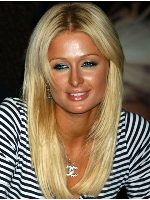 Easy Blonde Straight Without Bangs 100% Hand-Tied Lace Front Monofilament Top Long   Remy Human Hair Women Paris Hilton Wigs