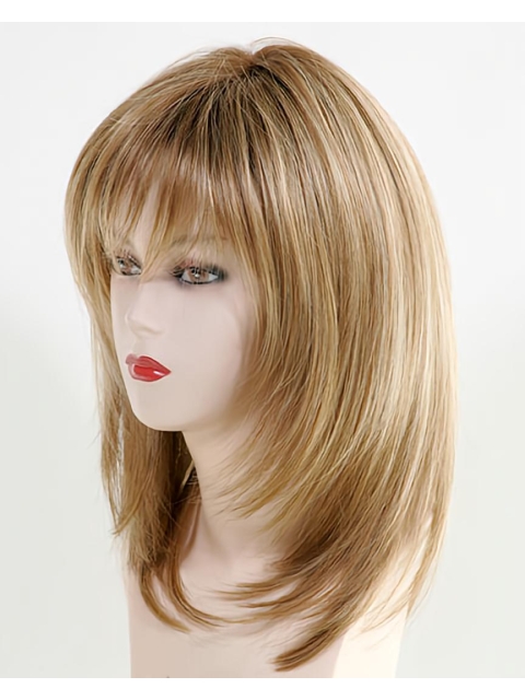 Mature Straight Layered With Bangs Monofilament Top Lace Front Blonde  Synthetic Long Women Wigs