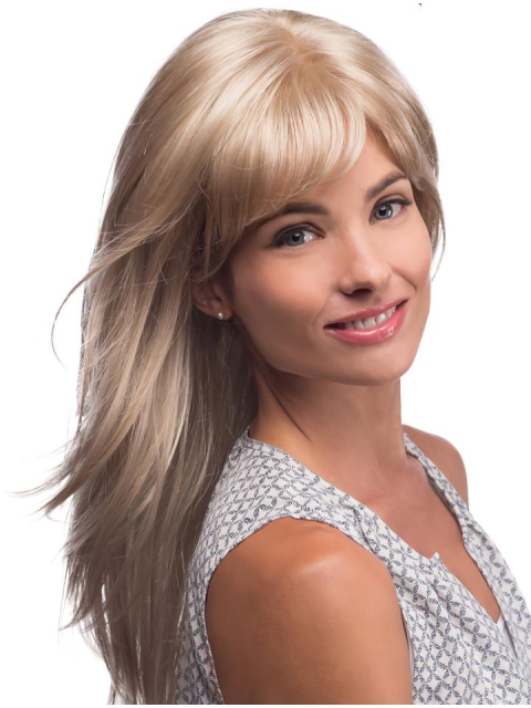 20'' Amazing Straight With Bangs Blonde Monofilament Lace Front Remy Human Hair Long Women Wigs