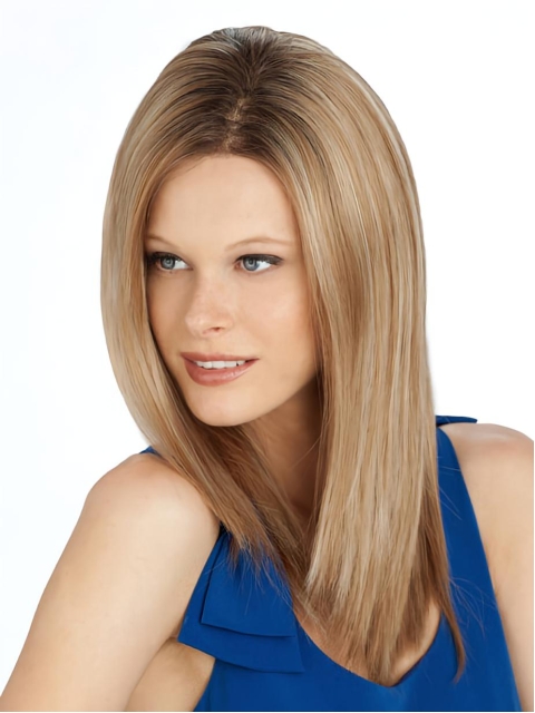 18'' Straight Without Bangs Blonde Mono Top Lace Front Synthetic Popular Long  Women Wigs