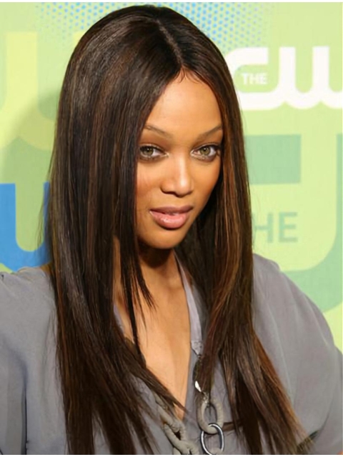 Natural  Brown Straight Without Bangs Lace Front Long Synthetic Women Tyra Banks Wigs