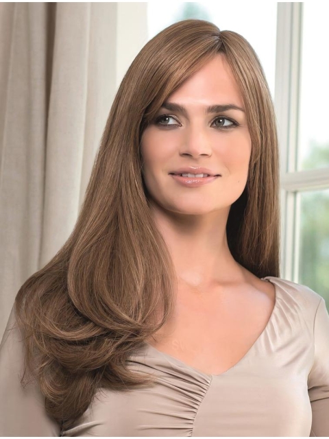 21'' Blonde Straight With Bangs Monofilament 100% Hand-Tied Remy Human Hair Women Cosy Long Wigs