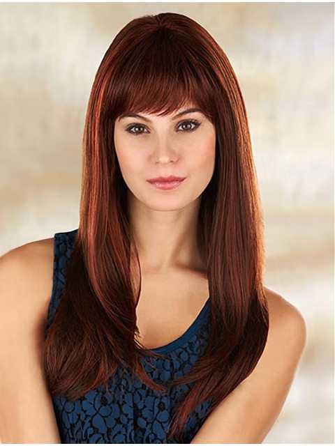 20''Great 100% Hand-Tied Monofilament Straight With Bangs Synthetic Long Women Wigs