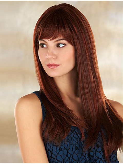 20''Great 100% Hand-Tied Monofilament Straight With Bangs Synthetic Long Women Wigs