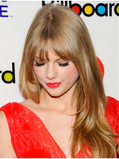 Glamorous Blonde Straight With Bangs 100% Hand-Tied Monofilament Long Human Hair Women Taylor Swift Wigs