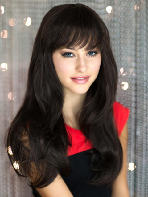 Gorgeous Black Straight With Bangs Capless Synthetic Long Women Wigs