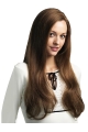 24'' Mature Brown Straight Without Bangs 100% Hand-Tied Monofilament Long Human Hair Women Wigs