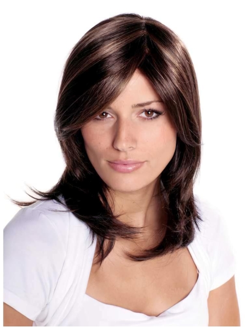 14'' Best Layered Brown Straight With Bangs Capless Long Synthetic Women Wigs