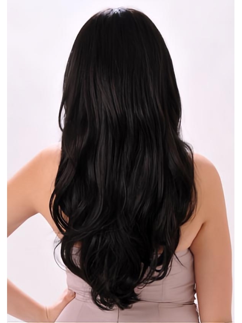 22'' Popular Black Wavy Without Bangs Monofilament Synthetic Wigs For Cancer