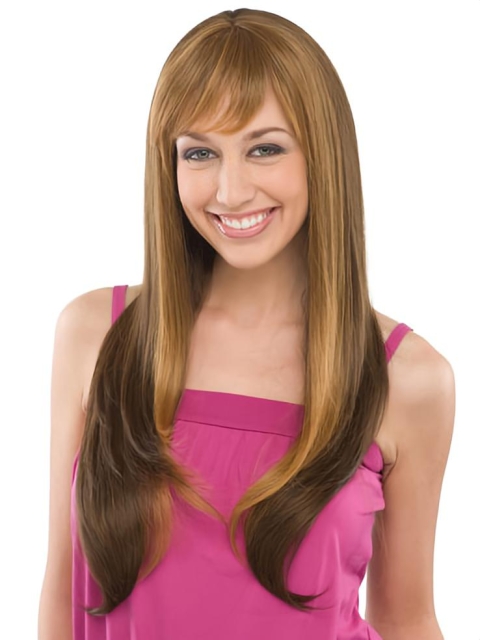 30'' Brown Straight With Bangs Capless Remy Human Hair Trendy Long Women Wigs