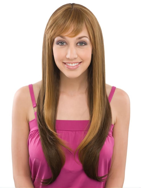 30'' Brown Straight With Bangs Capless Remy Human Hair Trendy Long Women Wigs