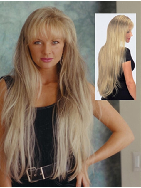 30'' Blonde Straight With Bangs Capless Synthetic Glamorous Long Women Wigs