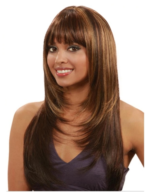 Polite Auburn Straight Layered With Bangs Capless Long Human Hair Wigs & Half Wigs